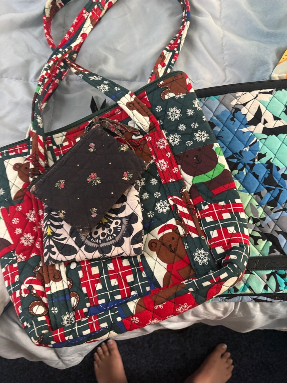 Quilted Holiday Teddy Tote Bag in Red & Green and Vera Bradley lap top holder